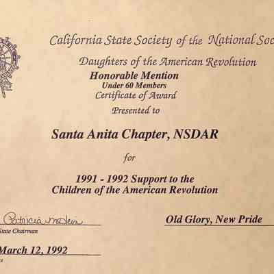 CSS DAR Award for 1991-1992 Support to the Children of the American Revolution