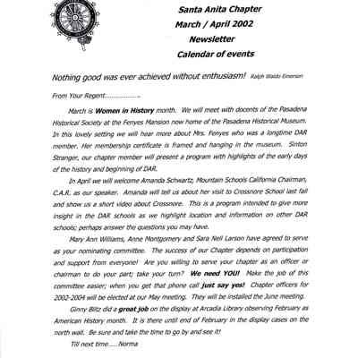 DAR: Santa Anita Chapter NSDAR March/April 2002 Newsletter