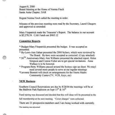 Santa Anita Chapter, DAR Board Meeting Minutes, Aug. 8, 2000