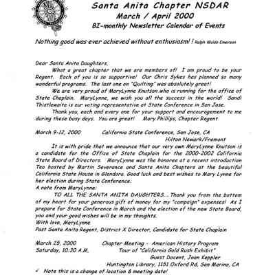 DAR: Santa Anita Chapter NSDAR March/April 2000 Newsletter