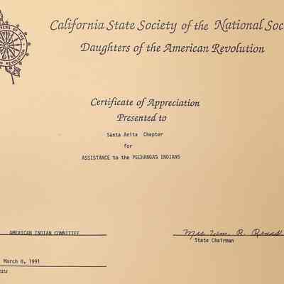 CSS DAR Award for Assistance to the Pechangas Indians