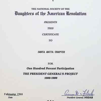 Daughters of the American Revolution Chapter Santa Anita Award for "One Hundred Percent Participation"