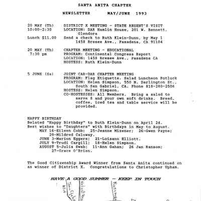 DAR: Santa Anita Chapter NSDAR May/June 1993 Newsletter