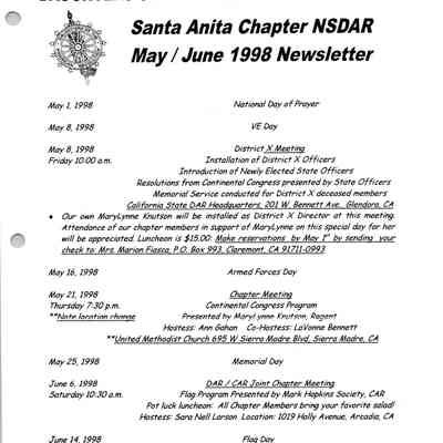 DAR: Santa Anita Chapter NSDAR May/June 1998 Newsletter