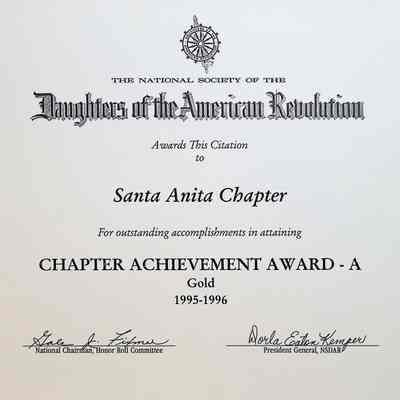 Daughters of the American Revolution Chapter Santa Anita Award for Chapter Achievement