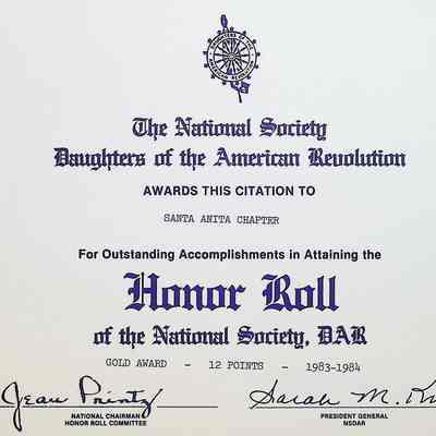 Daughters of the American Revolution Chapter Santa Anita Gold Honor Roll Award
