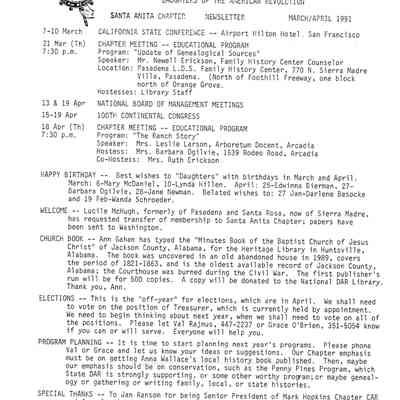 DAR: Santa Anita Chapter NSDAR March/April 1991 Newsletter