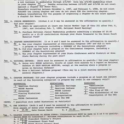 1987-1988 NSDAR National Honor Roll Questionnaire