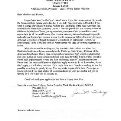 Mark Hopkins Society NSCAR Newsletter, Jan. 2, 2002