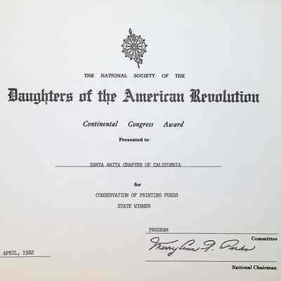 Daughters of the American Revolution Chapter Santa Anita Continental Congress Award 1982