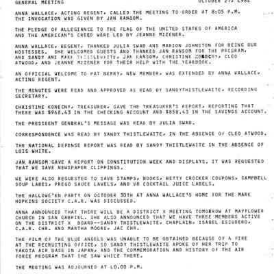 Daughters of the American Revolution Chapter Meeting Minutes, 1982-1999