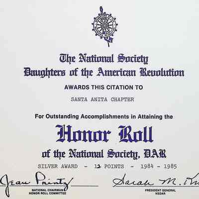Daughters of the American Revolution Chapter Santa Anita Silver Honor Roll Award in 1984-1985