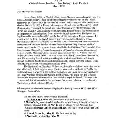 Mark Hopkins Society NSCAR Newsletter, May 5, 2002