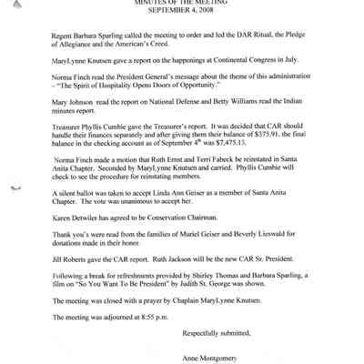 Santa Anita Chapter, DAR Meeting Minutes, Sept. 4, 2008