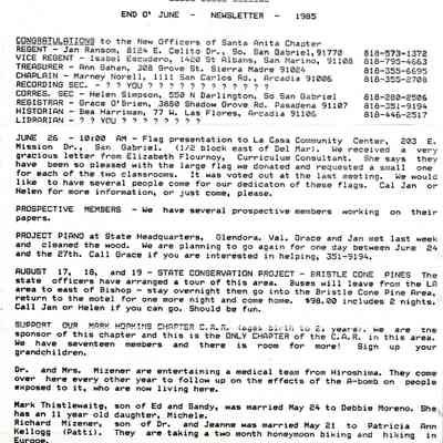 DAR: Santa Anita Chapter NSDAR End O' June 1985 Newsletter