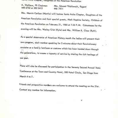 DAR Santa Anita Chapter Public Relations Report, 1980