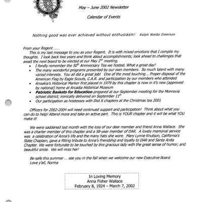DAR: Santa Anita Chapter NSDAR May/June 2002 Newsletter