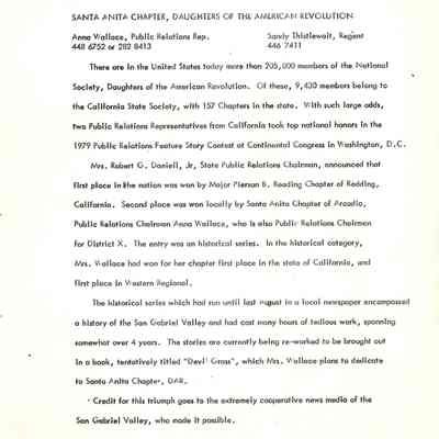 DAR Santa Anita Chapter Public Relations Report 1979