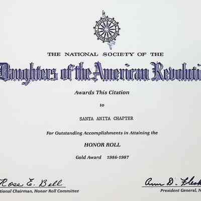 Daughters of the American Revolution Chapter Santa Anita Gold Honor Roll Award in 1986-1987