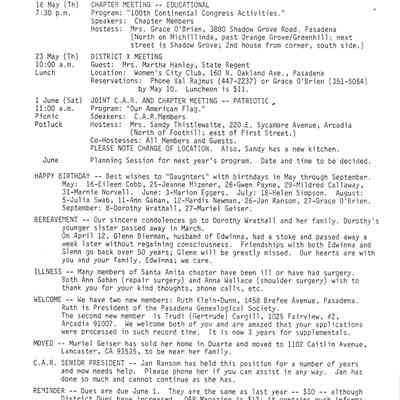 DAR: Santa Anita Chapter NSDAR May/June 1991 Newsletter