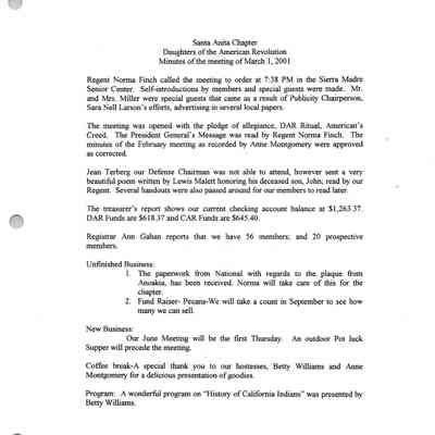 Santa Anita Chapter, DAR Board Meeting Mar. 1, 2001