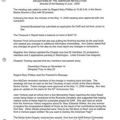 Santa Anita Chapter, DAR Meeting Minutes, June 2000