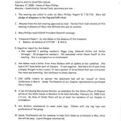 Santa Anita Chapter NSDAR Minutes Feb. 17, 2000