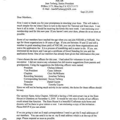 Mark Hopkins Society NSCAR Newsletter, Sept. 25, 2000