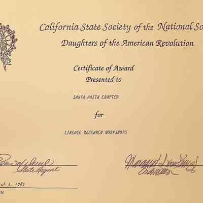 CSS DAR Award for Lineage Research Workshops, March 1989