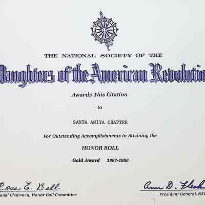 Daughters of the American Revolution Chapter Santa Anita Gold Honor Roll Award in 1987-1988