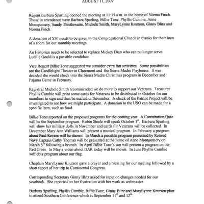 Santa Anita Chapter, DAR Executive Board Meeting Minutes, Aug. 11, 2009