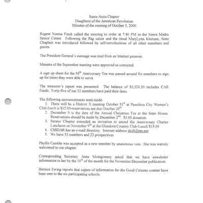 Santa Anita Chapter, DAR Board Meeting Oct. 5, 2000