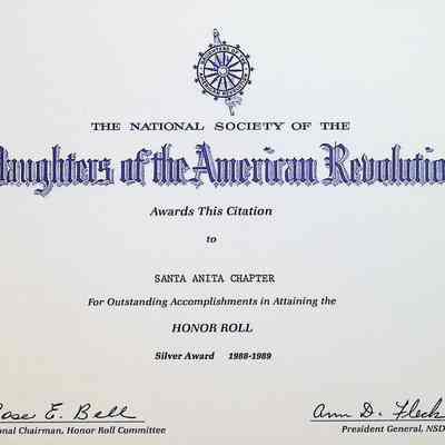 Daughters of the American Revolution Chapter Santa Anita Silver Honor Roll Award in 1988-1989
