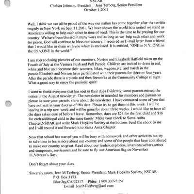 Mark Hopkins Society Newsletter Oct. 2001