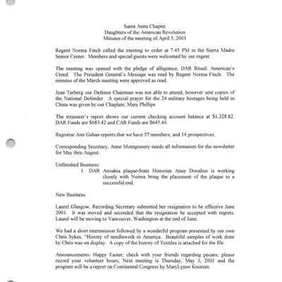 Santa Anita Chapter, DAR Board Meeting April 5, 2001