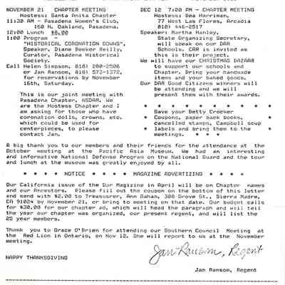 DAR: Santa Anita Chapter NSDAR November 1985 Newsletter