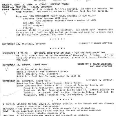 DAR: Santa Anita Chapter NSDAR September 1984 Newsletter