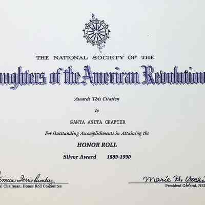 Daughters of the American Revolution Chapter Santa Anita Silver Honor Roll Award in 1989-1990
