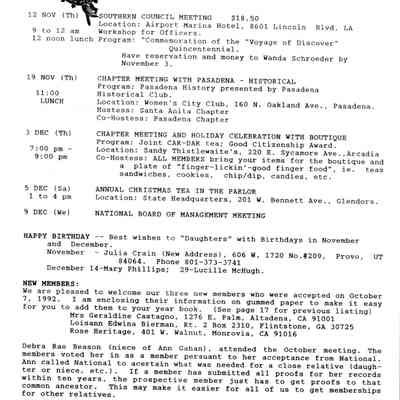 DAR: Santa Anita Chapter NSDAR November/December 1992 Newsletter