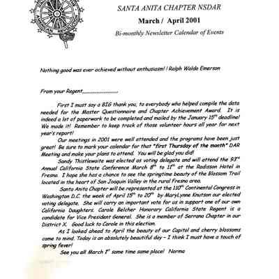 DAR: Santa Anita Chapter NSDAR March/April 2001 Newsletter