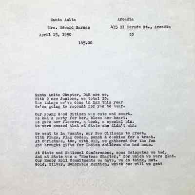 A Letter about DAR Santa Anita Chapter From Mrs. Edward Barnes, 1950
