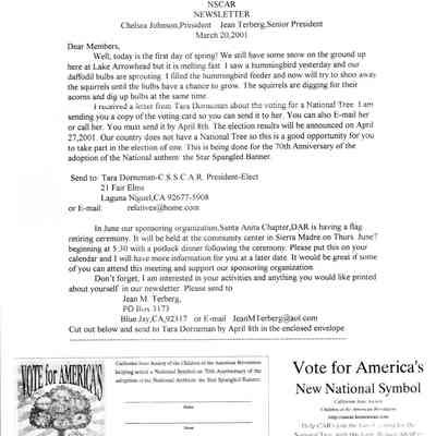 Mark Hopkins Society NSCAR Newsletter, Mar. 20, 2001