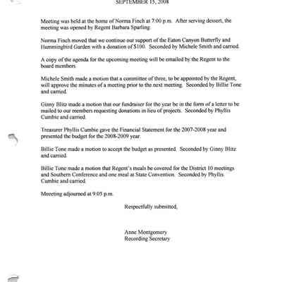 Santa Anita Chapter, DAR Executive Board Meeting Minutes, Sept. 15, 2008