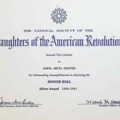 Daughters of the American Revolution Chapter Santa Anita Silver Honor Roll Award in 1990-1991