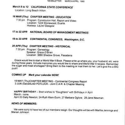 DAR: Santa Anita Chapter NSDAR March/April 1995 Newsletter