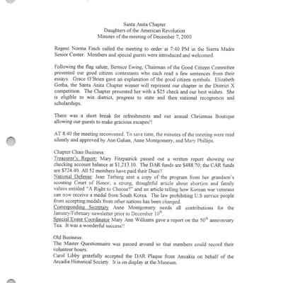 Santa Anita Chapter, DAR Board Meeting Dec. 7, 2000