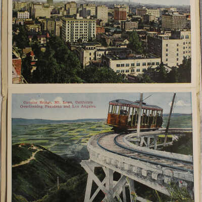 1-Birdseye view of Los Angeles, 2- Trolley bridge on Mt. Lowe, 3- Long Beach