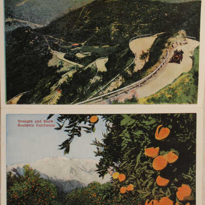 1- Mount Hollywood lookout, 2- Orange grove with snow covered mountains