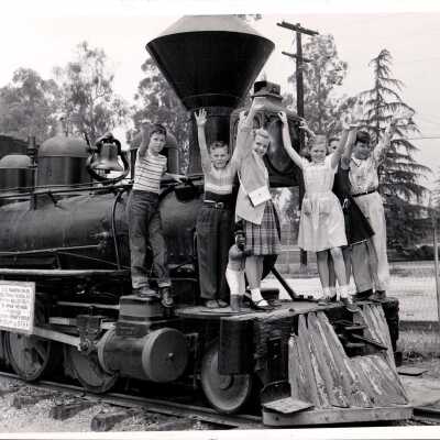 6 Children Posing on a Train at the Pony Express Museum, CA