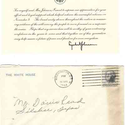 Thank You Card to David Read from Lyndon B Johnson December 1964
